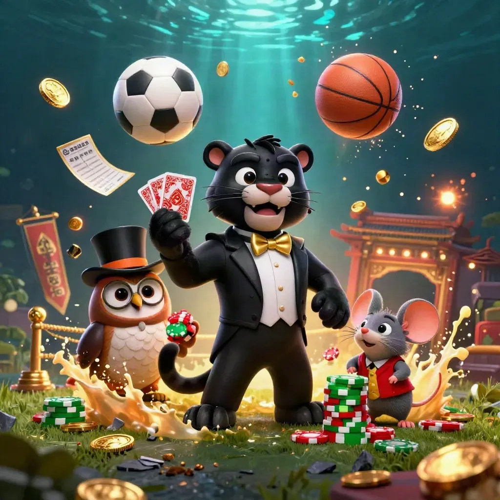Tuxedo panther, owl, and mouse amid flying casino chips, balls, and gold light.