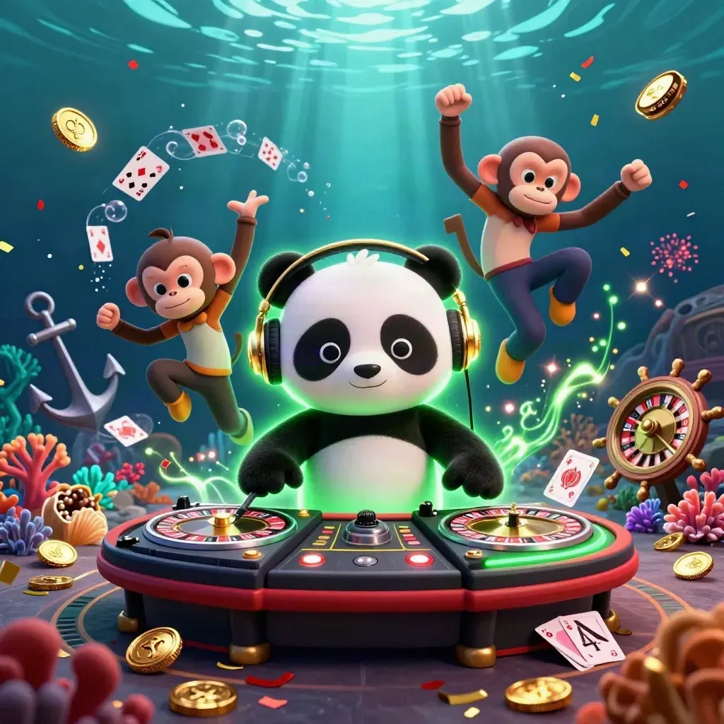 DJ panda, breakdancing monkey, and glowing kitten in an underwater casino treasure scene.