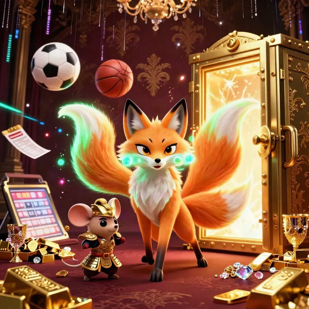 Nine-tailed fox spirit and samurai mouse amid gold vault loot, balls, and neon casino glow