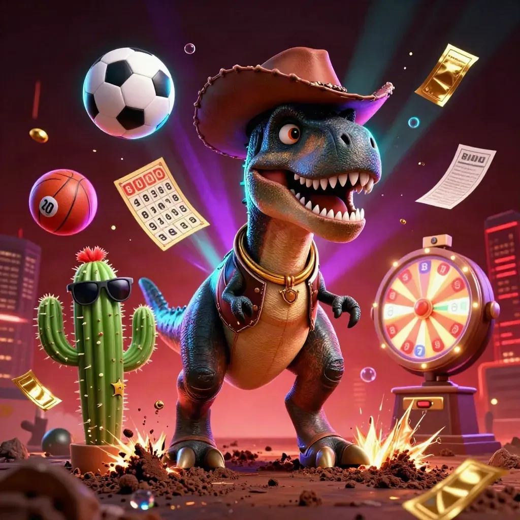 Cowboy T-Rex, cactus and roadrunner explode through casino-lit turf with flying balls and chips.