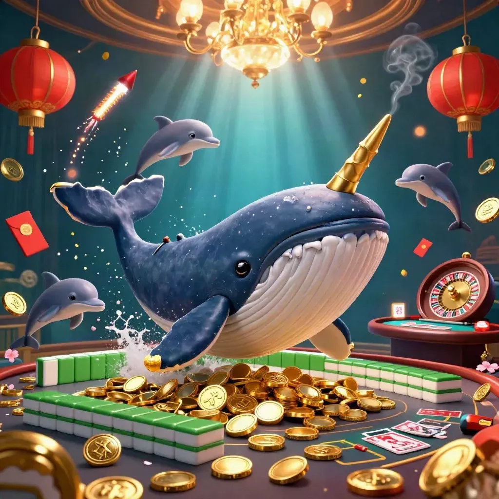 Whale captain, narwhal and dolphins amid gold coins, lanterns and casino glow in an underwater VIP room.