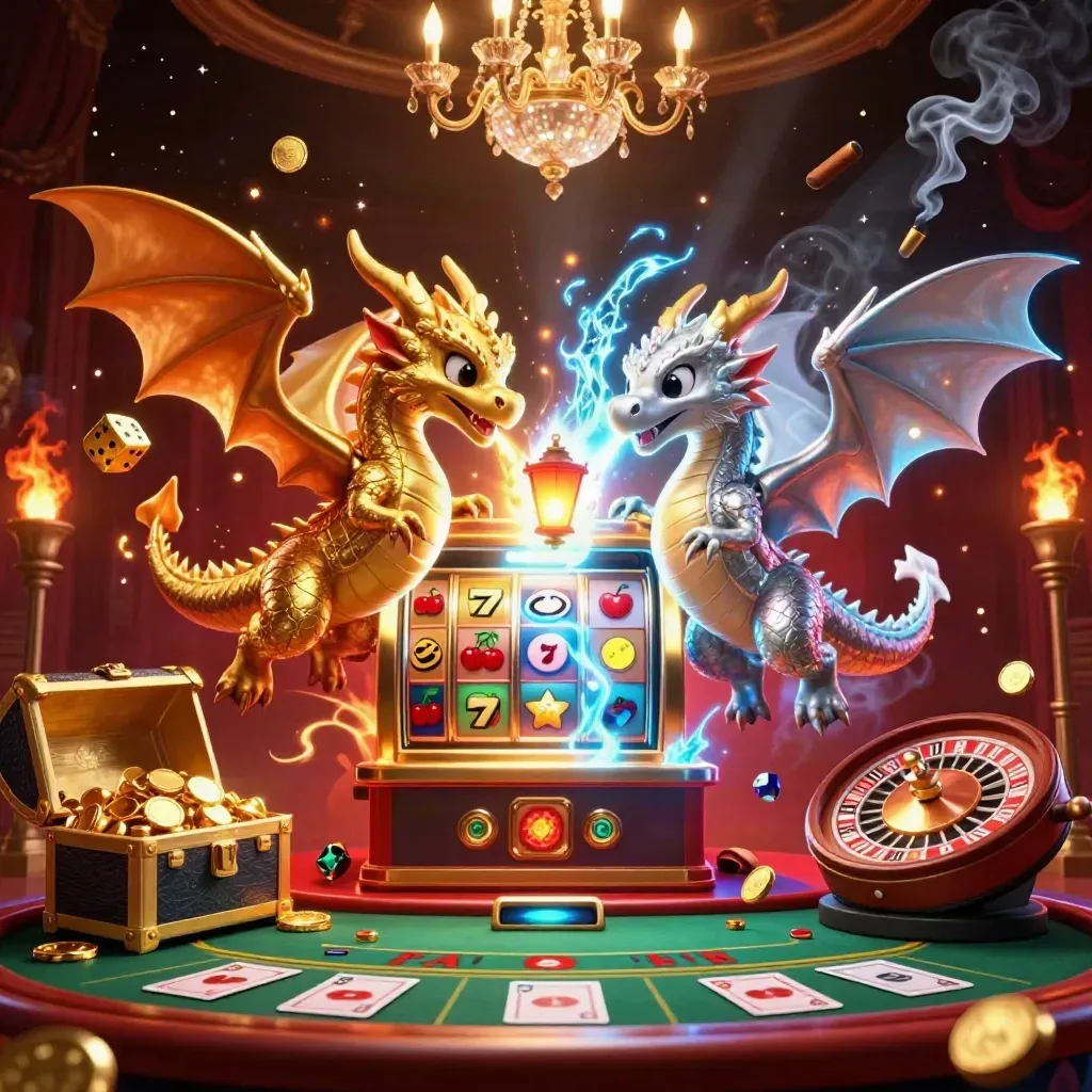 Twin gold and silver dragons form a yin-yang above casino treasures and glowing game icons.
