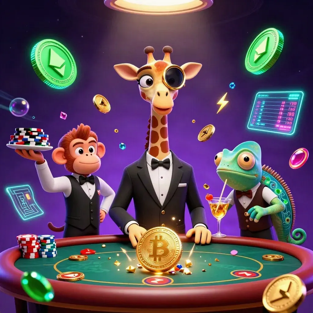 A giraffe, monkey valet, and chameleon amid neon casino crypto energy.