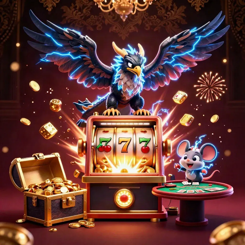 Thunder dragon, hawk, and mouse amid exploding slot riches, cards, dice, and casino gold.