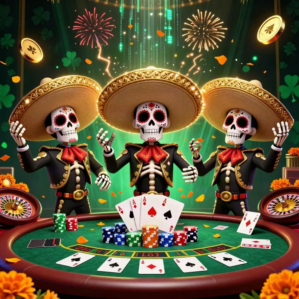 Skeleton mariachi trio amid coins, chips, cards, roulette, and casino lightning.