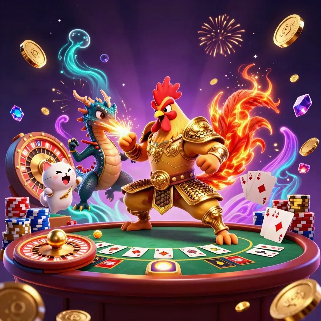Rooster warrior, dragon hatchling, and lucky cat amid coins, chips, cards, and casino glow.