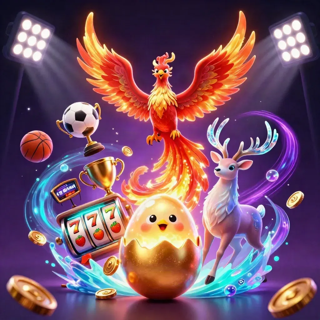 Fire phoenix, hatching chick, crystal-antler stag amid casino-game energy and coins.